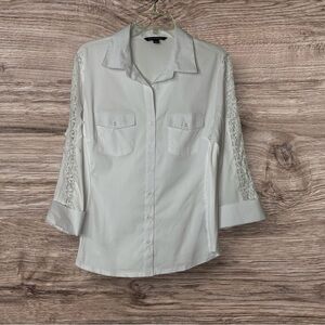 Zac & Rachel Women's Large Lace 3/4 Rolled Sleeve Button Down White Blouse